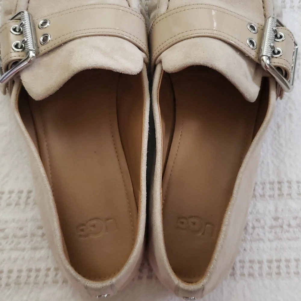 UGG suede beige loafer, slip on, silver buckle, flats,  women's size 7.